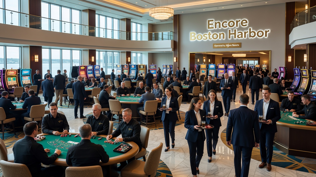 Picket line activity at Encore Boston Harbor with signs and union members gathered near the main entrance